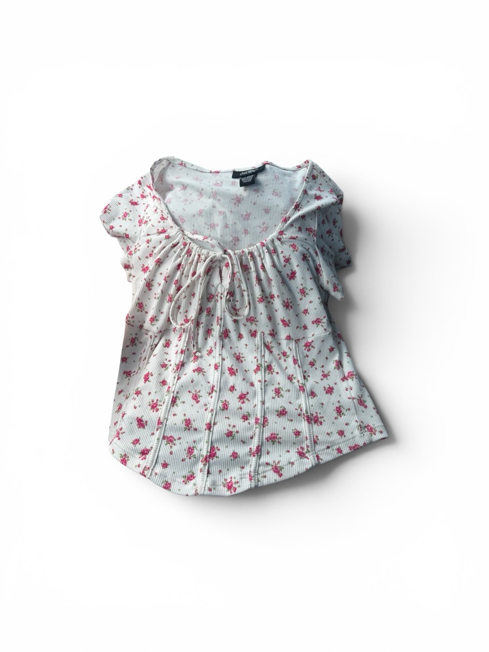Just Polly Women’s Floral Tie-Front Top - White with Pink Flower Print